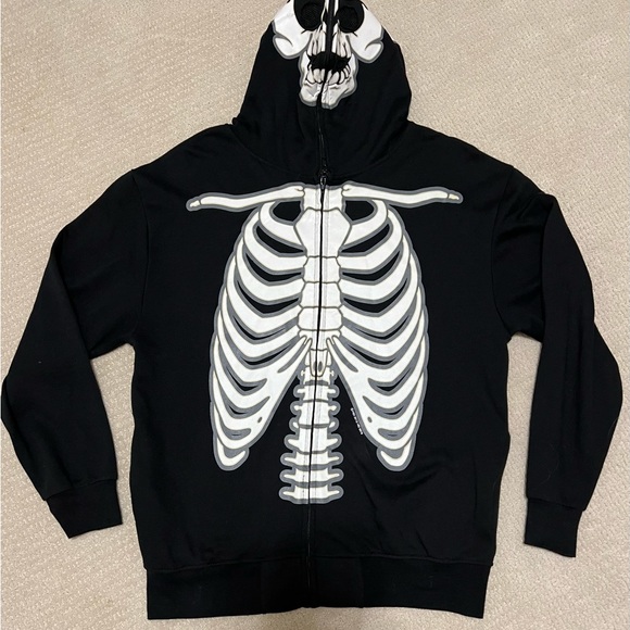 Adult Black Glow in the Dark Full Zip Skeleton Hoodie with Face - Picture 2 of 7